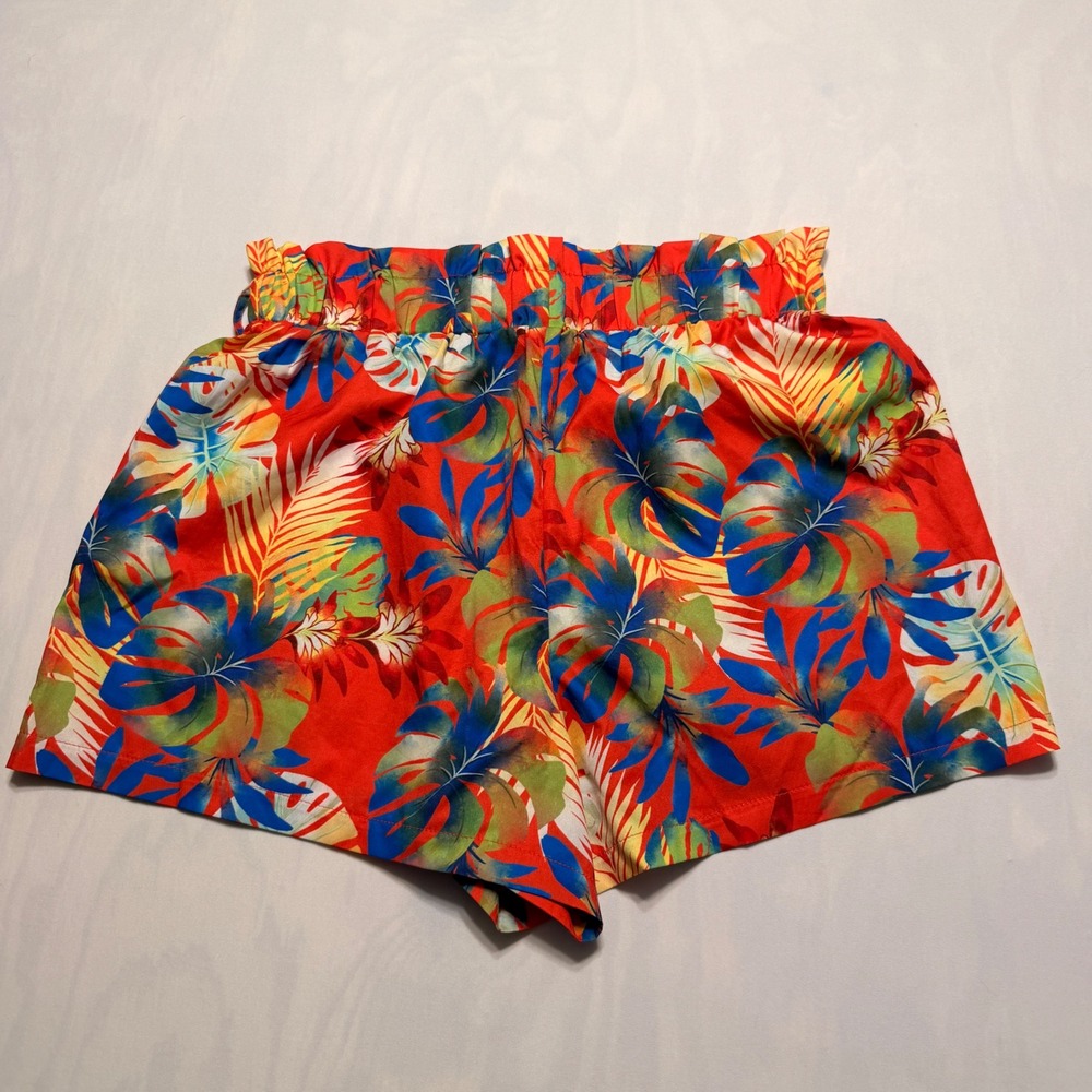 SHEIN Tropical Leaf Shorts Womens Large Red Blue Paperbag Waist High Rise Beach